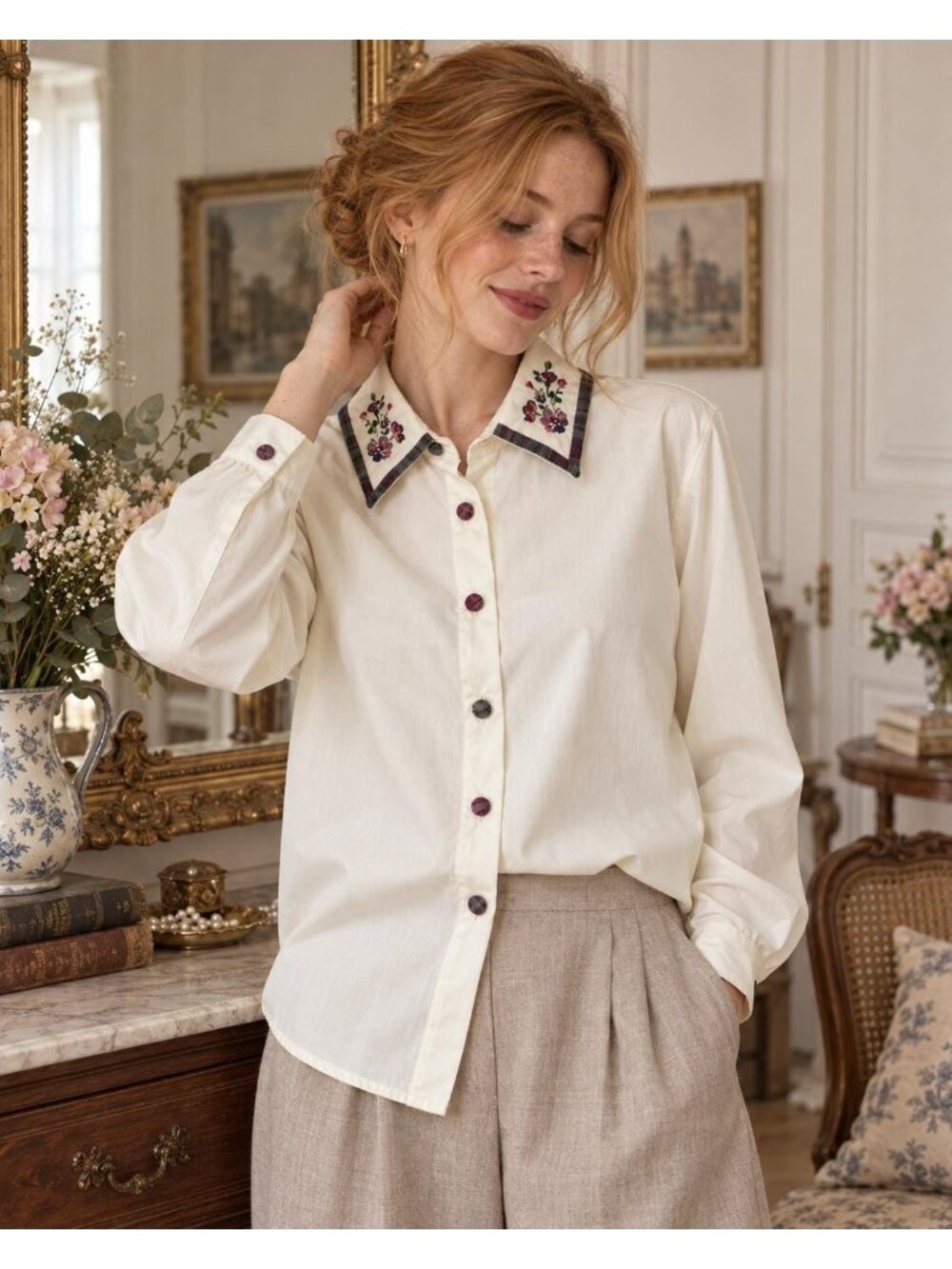 Vintage 90s Ashley Embroidered Collar Blouse Size 8 | Ivory Floral Plaid Trim